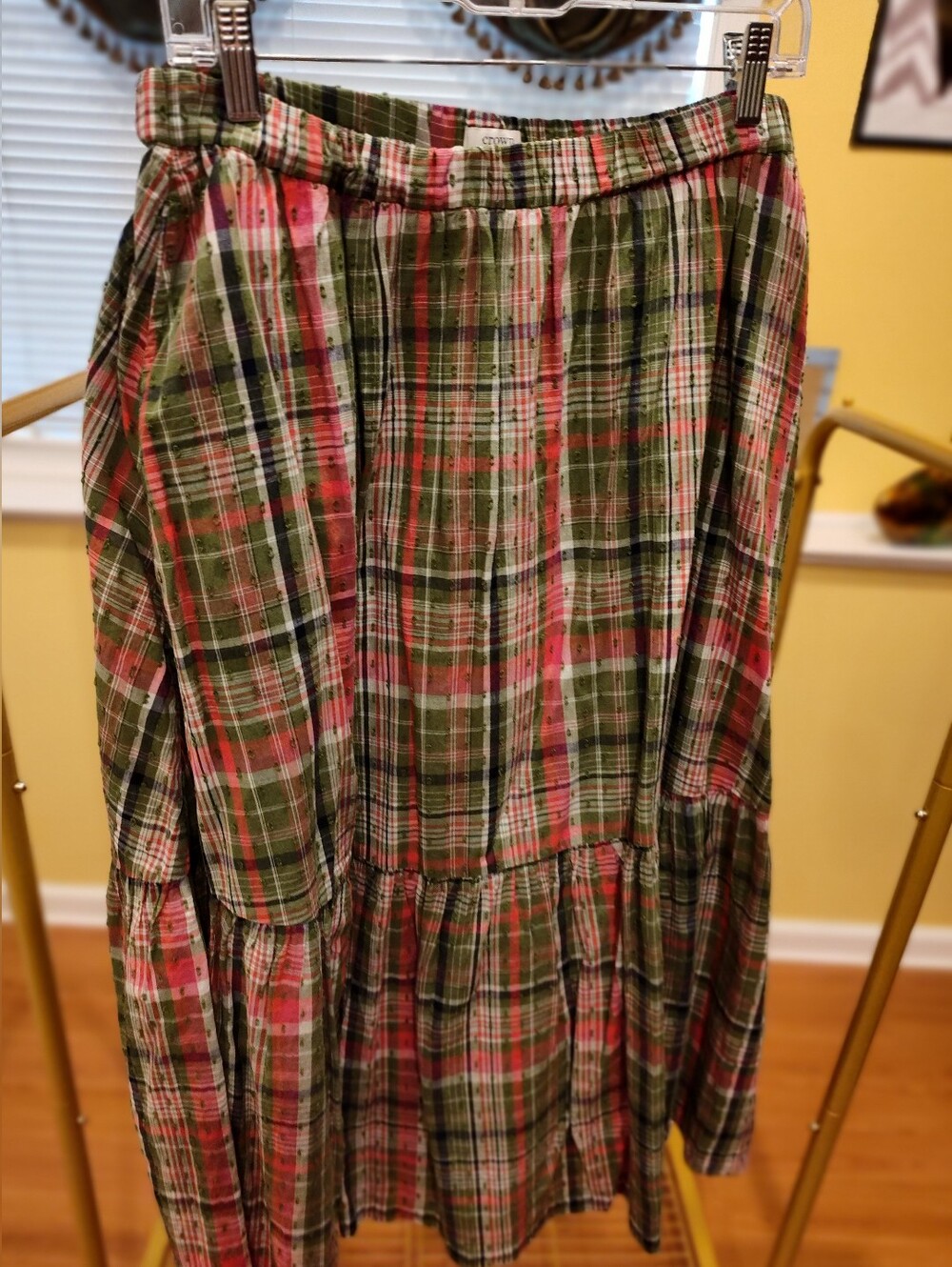 crown & ivy Green and Pink Plaid Tiered Maxi Skirt